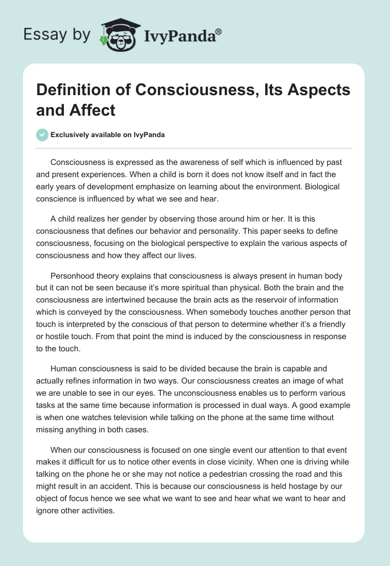 Definition of Consciousness, Its Aspects and Affect. Page 1