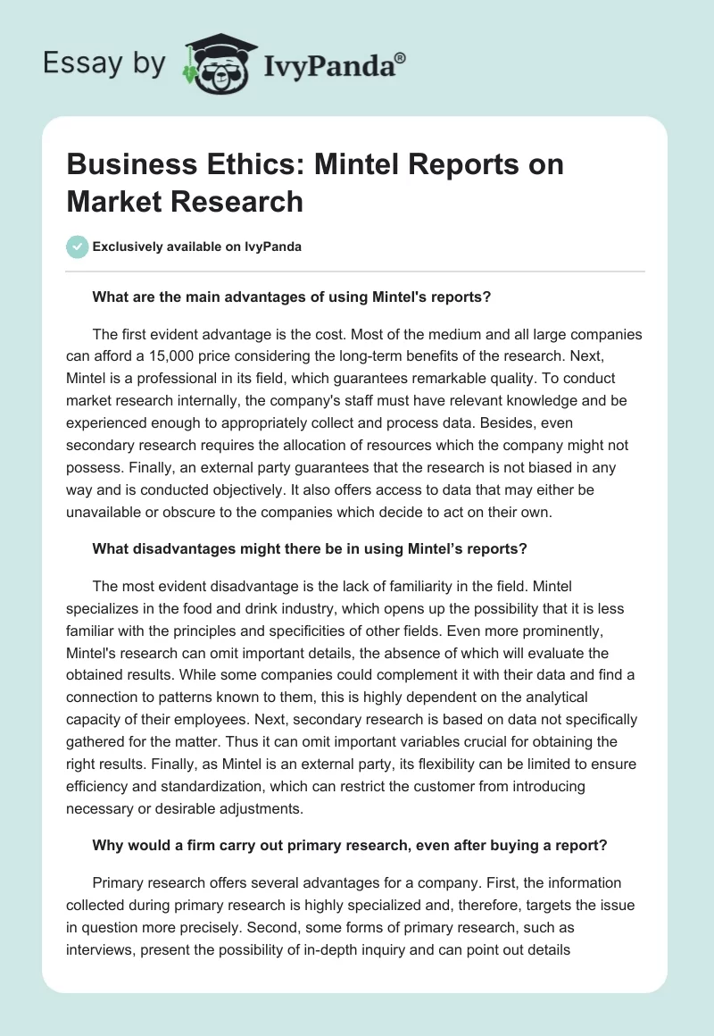 Business Ethics: Mintel Reports on Market Research. Page 1