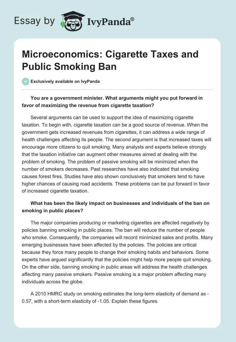 Microeconomics: Cigarette Taxes and Public Smoking Ban. Page 1