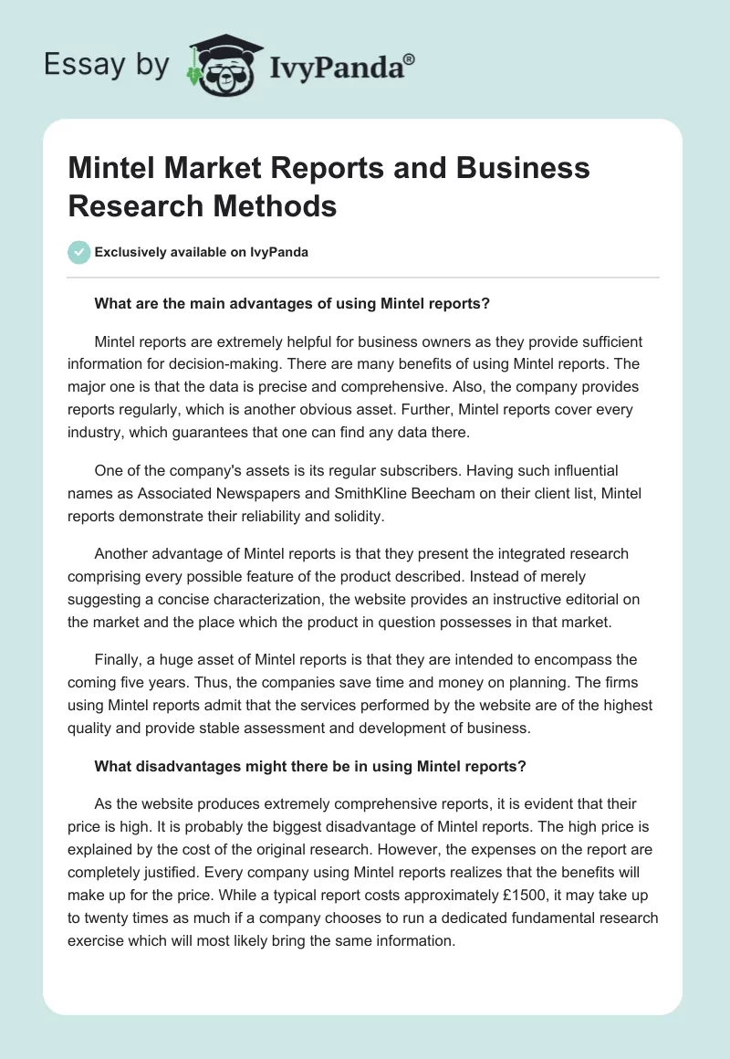 Mintel Market Reports and Business Research Methods. Page 1