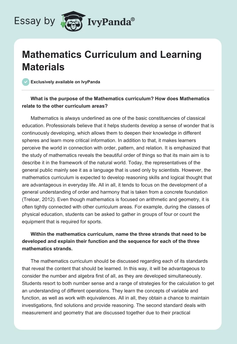 Mathematics Curriculum and Learning Materials. Page 1