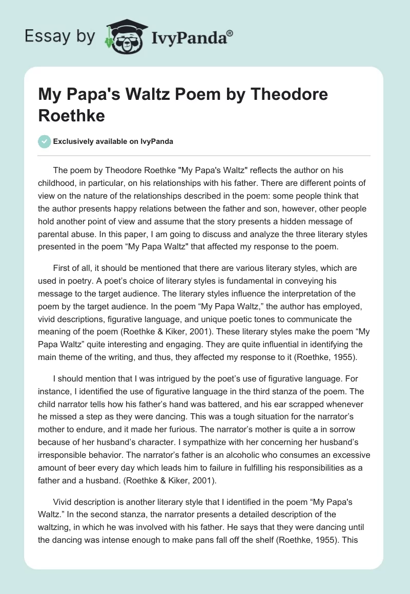 "My Papa's Waltz" Poem by Theodore Roethke. Page 1
