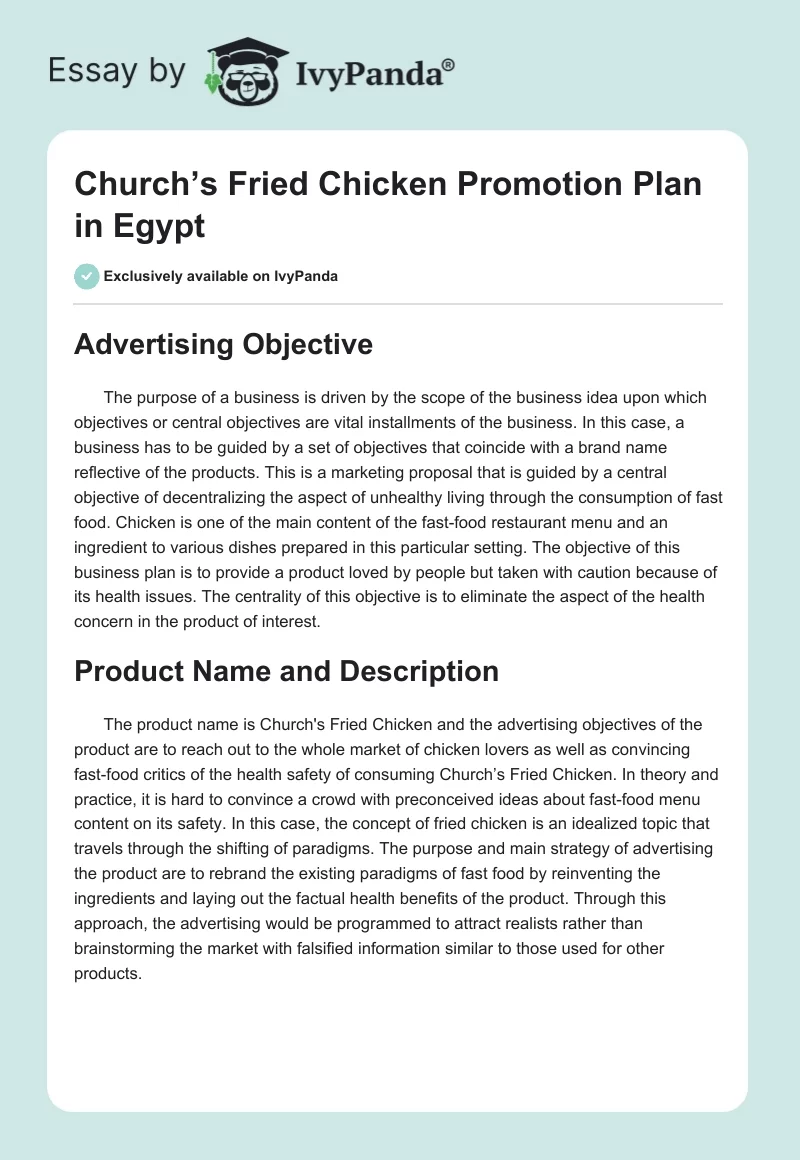 Church’s Fried Chicken Promotion Plan in Egypt. Page 1