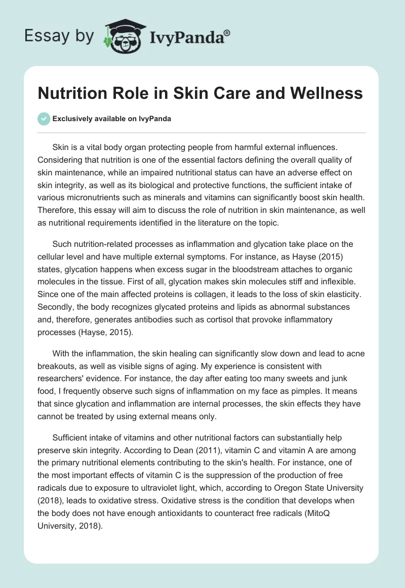 Nutrition Role in Skin Care and Wellness. Page 1