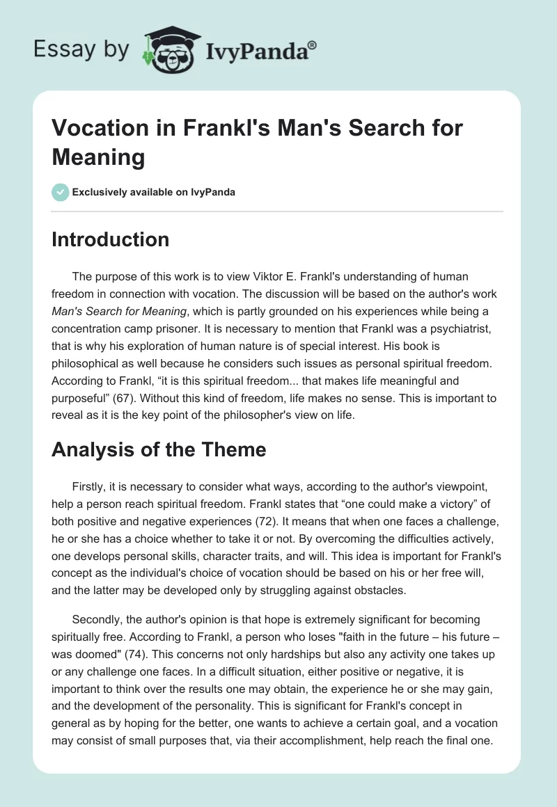 Vocation in Frankl's "Man's Search for Meaning". Page 1