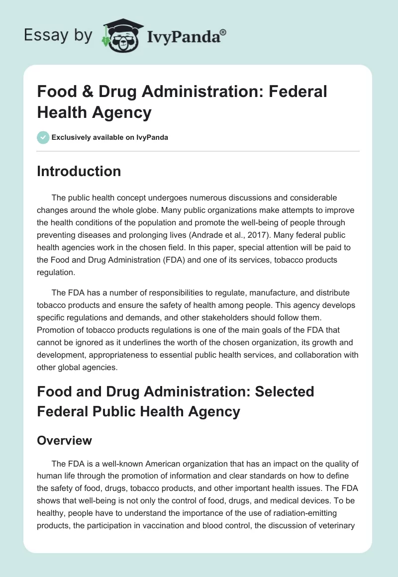 Food & Drug Administration: Federal Health Agency. Page 1