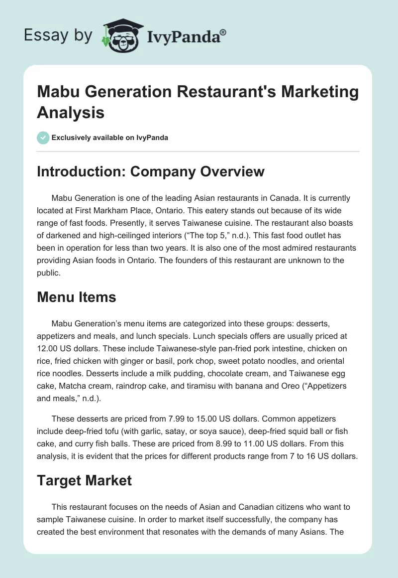 Mabu Generation Restaurant's Marketing Analysis. Page 1