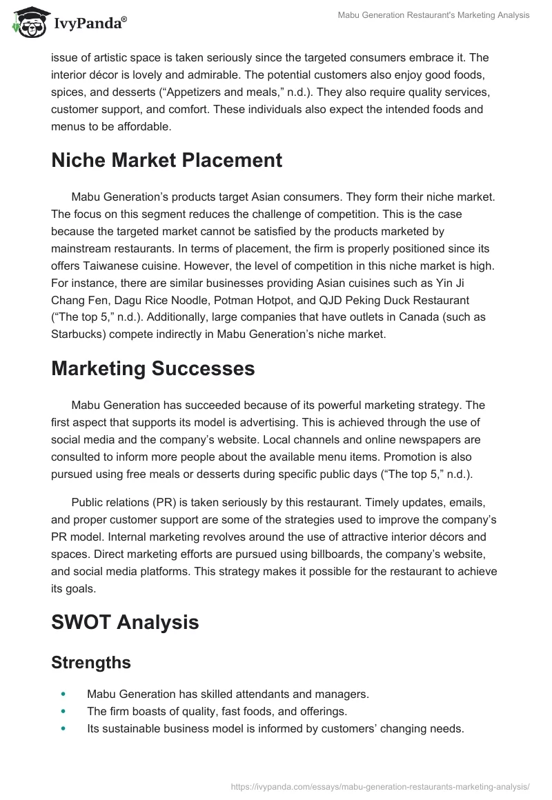 Mabu Generation Restaurant's Marketing Analysis. Page 2