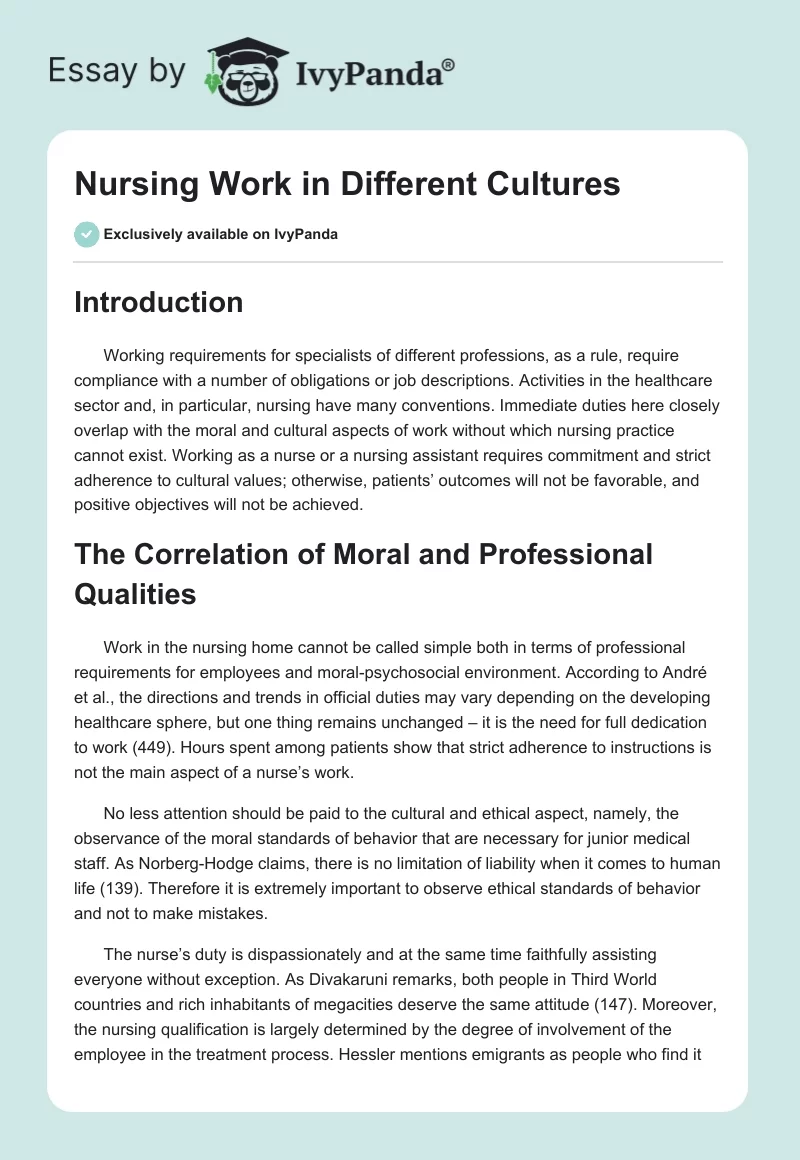 Nursing Work in Different Cultures. Page 1