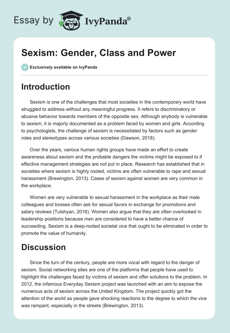 Sexism: Gender, Class and Power. Page 1