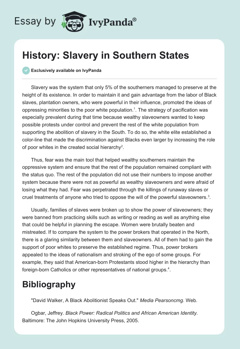History: Slavery in Southern States. Page 1