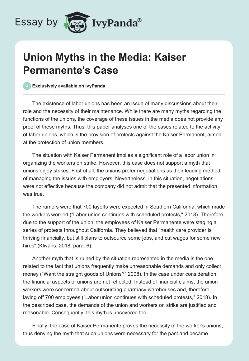 Union Myths in the Media: Kaiser Permanente's Case. Page 1