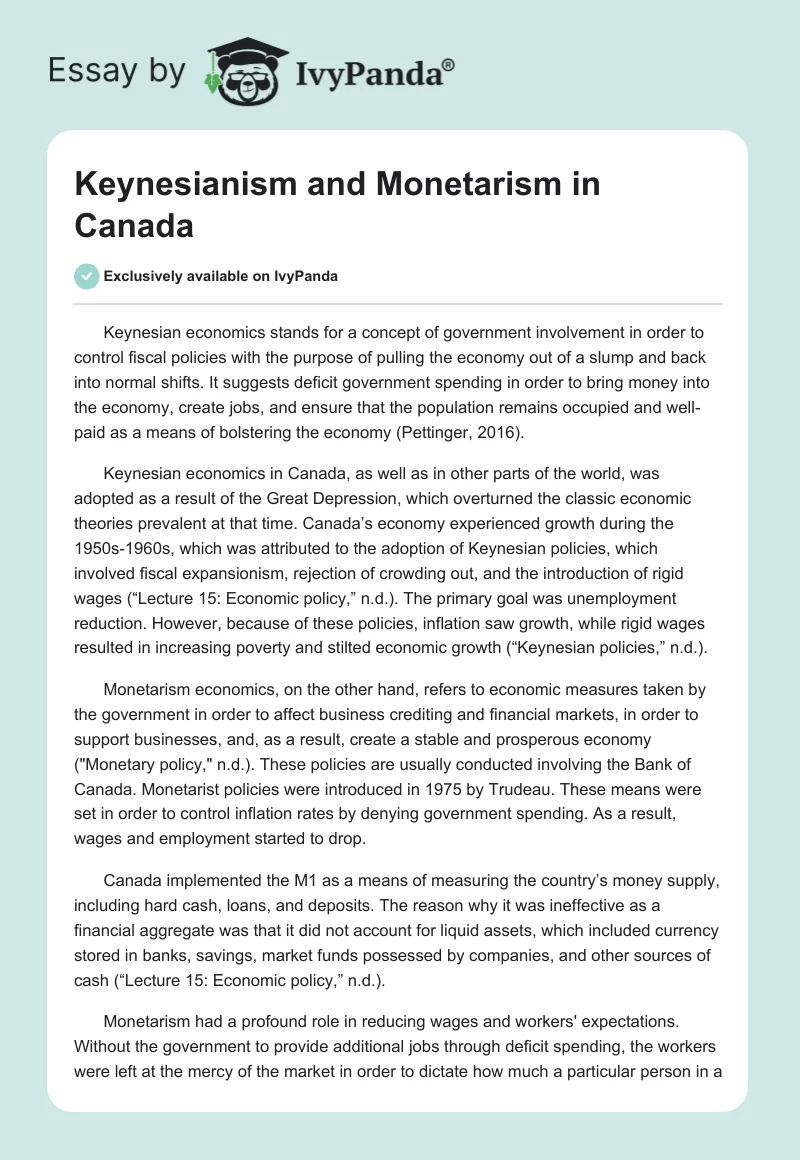 Keynesianism and Monetarism in Canada. Page 1