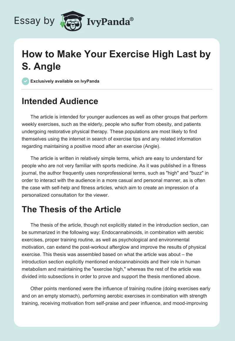"How to Make Your Exercise High Last" by S. Angle. Page 1