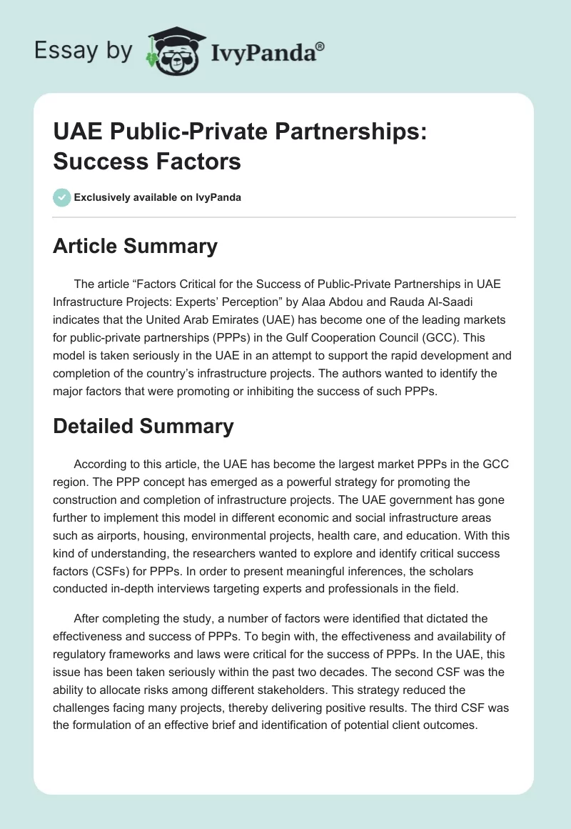 UAE Public-Private Partnerships: Success Factors. Page 1