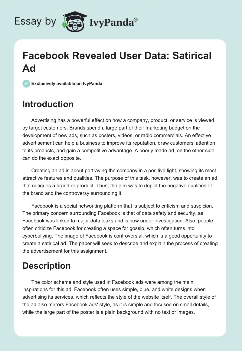 Facebook Revealed User Data: Satirical Ad. Page 1