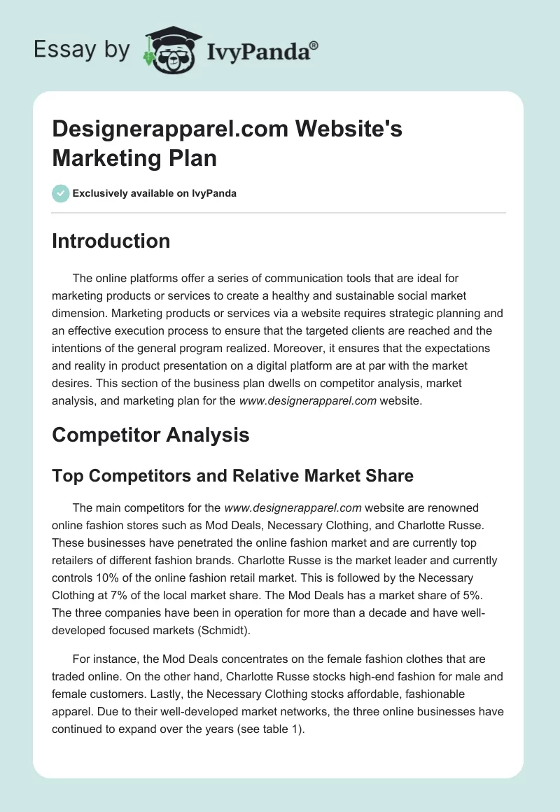 Designerapparel.com Website's Marketing Plan. Page 1