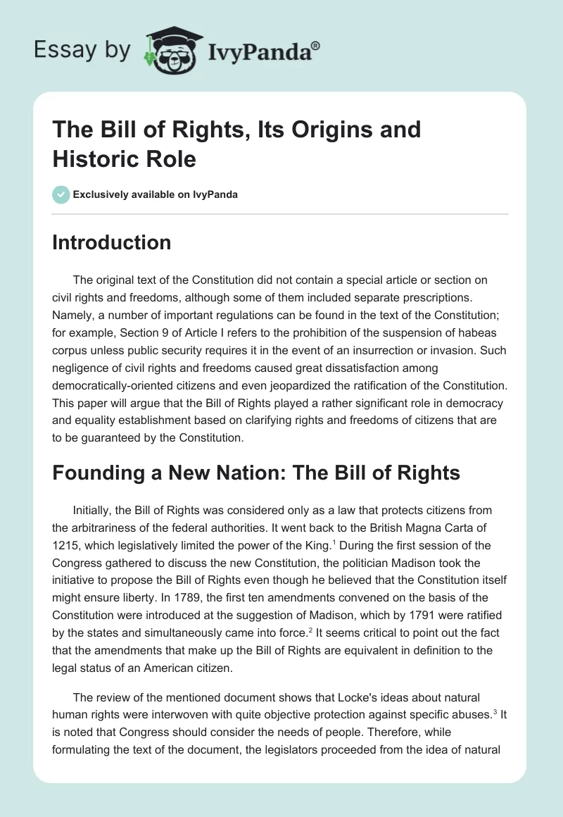 The Bill of Rights, Its Origins and Historic Role. Page 1