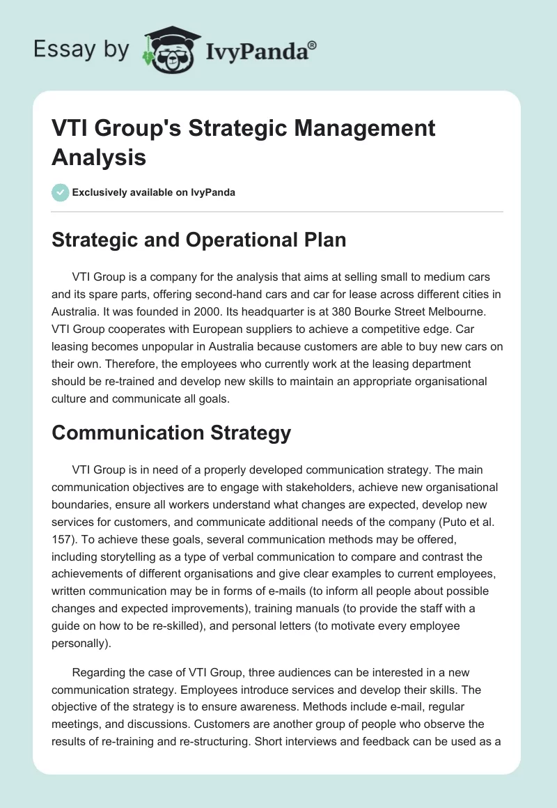 VTI Group's Strategic Management Analysis. Page 1