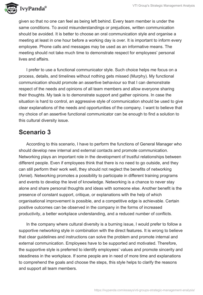 VTI Group's Strategic Management Analysis. Page 4