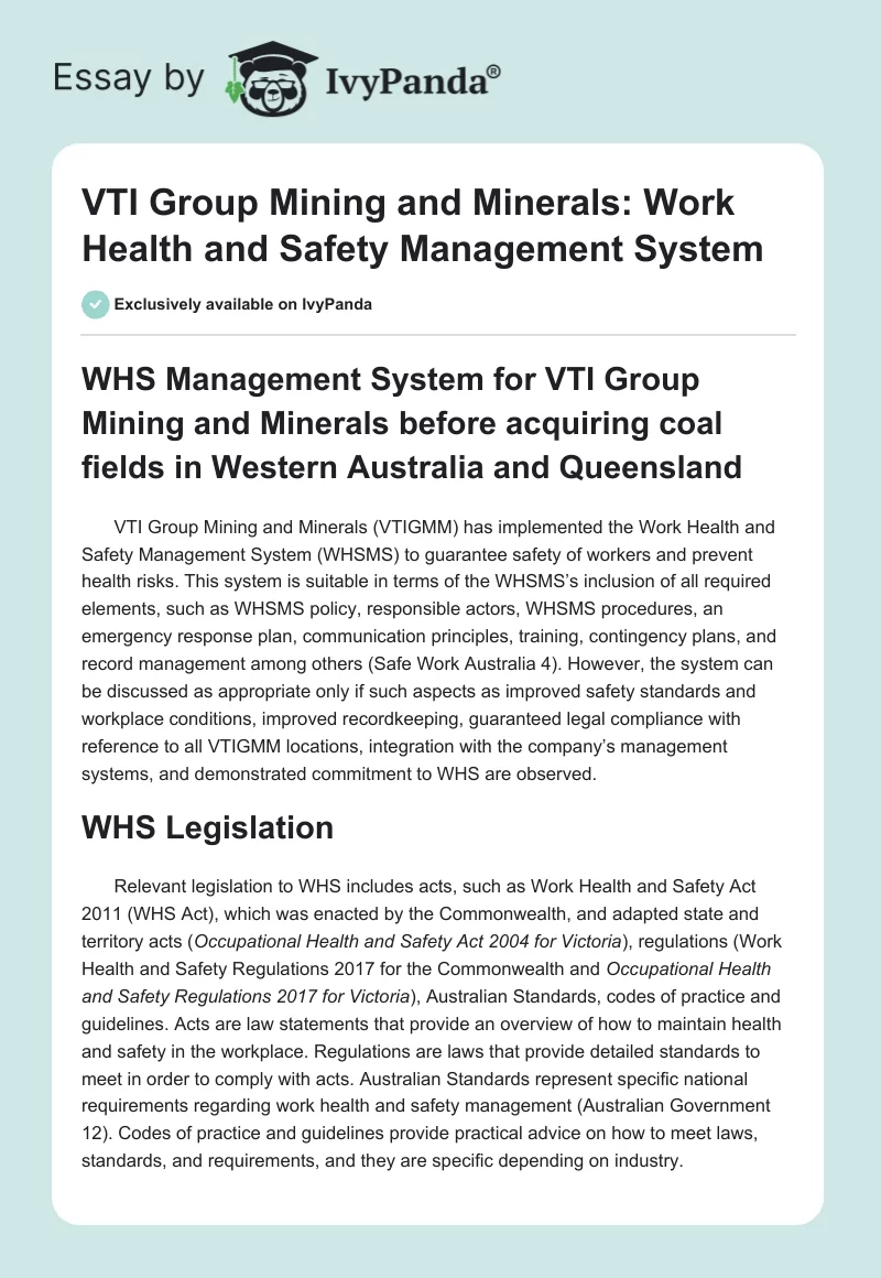 VTI Group Mining and Minerals: Work Health and Safety Management System. Page 1