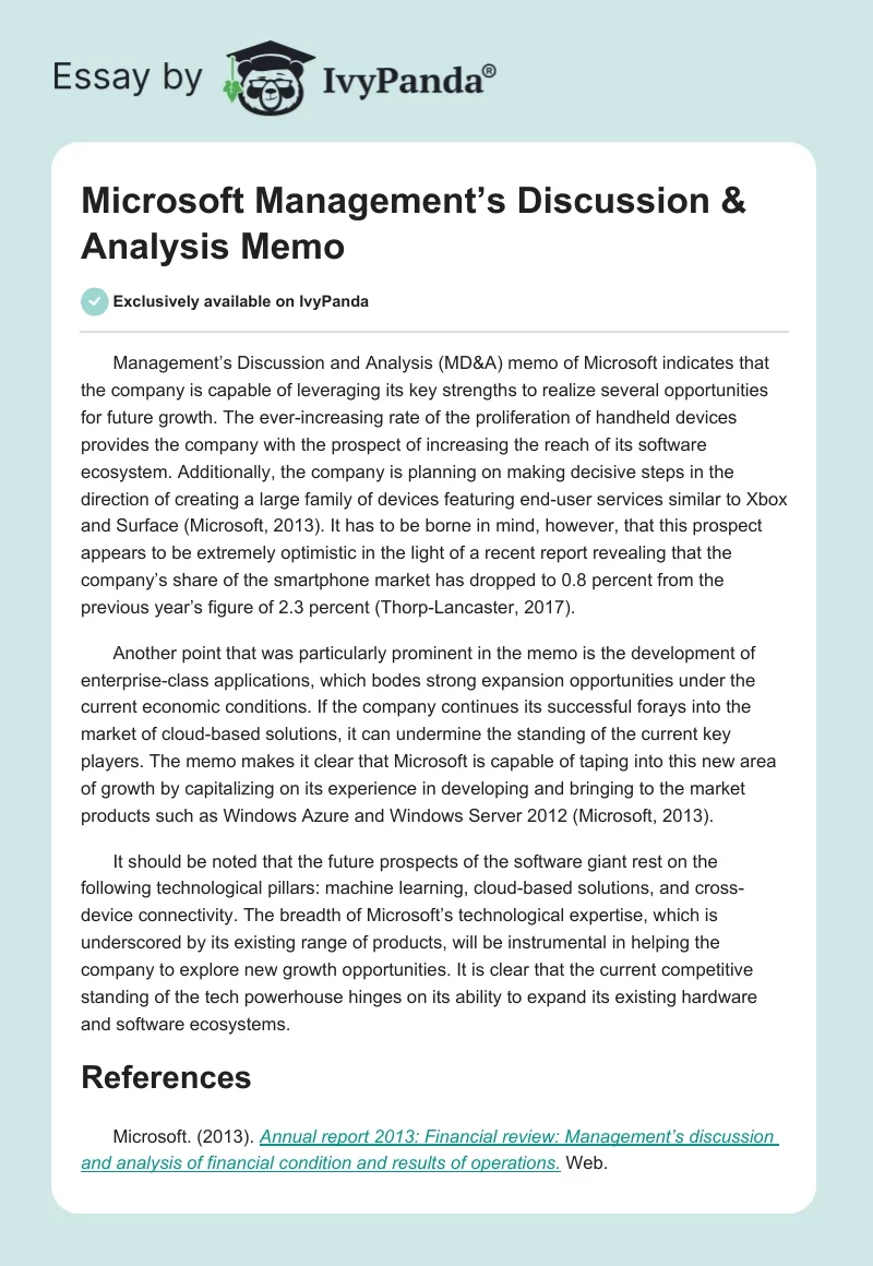 Microsoft Management’s Discussion & Analysis Memo. Page 1