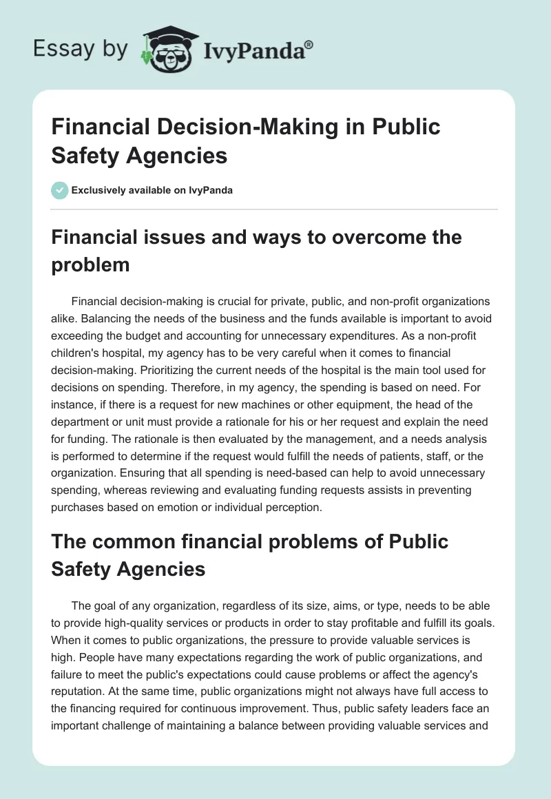 Financial Decision-Making in Public Safety Agencies. Page 1