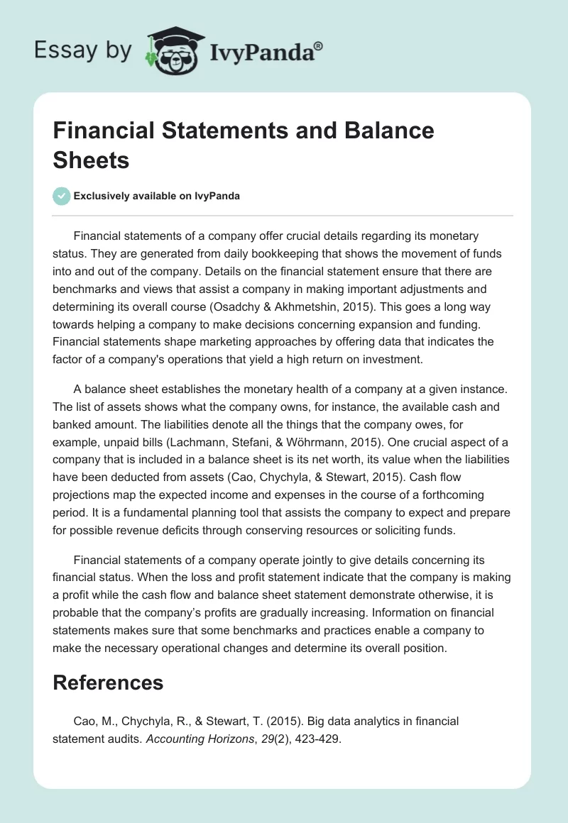 Financial Statements and Balance Sheets. Page 1