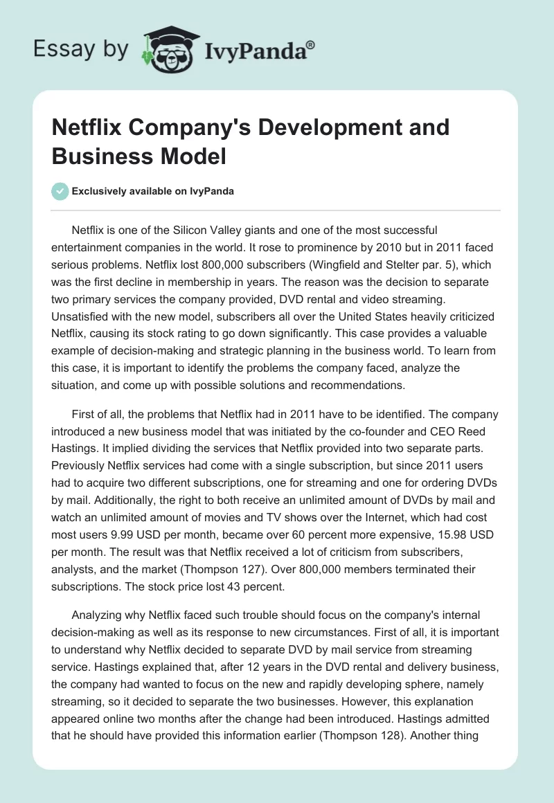 Netflix Company's Development and Business Model. Page 1