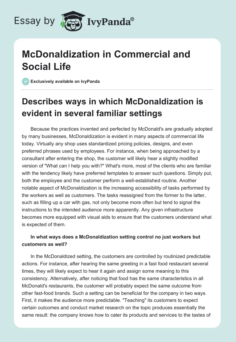 McDonaldization in Commercial and Social Life. Page 1