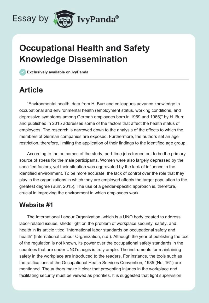 Occupational Health and Safety Knowledge Dissemination. Page 1