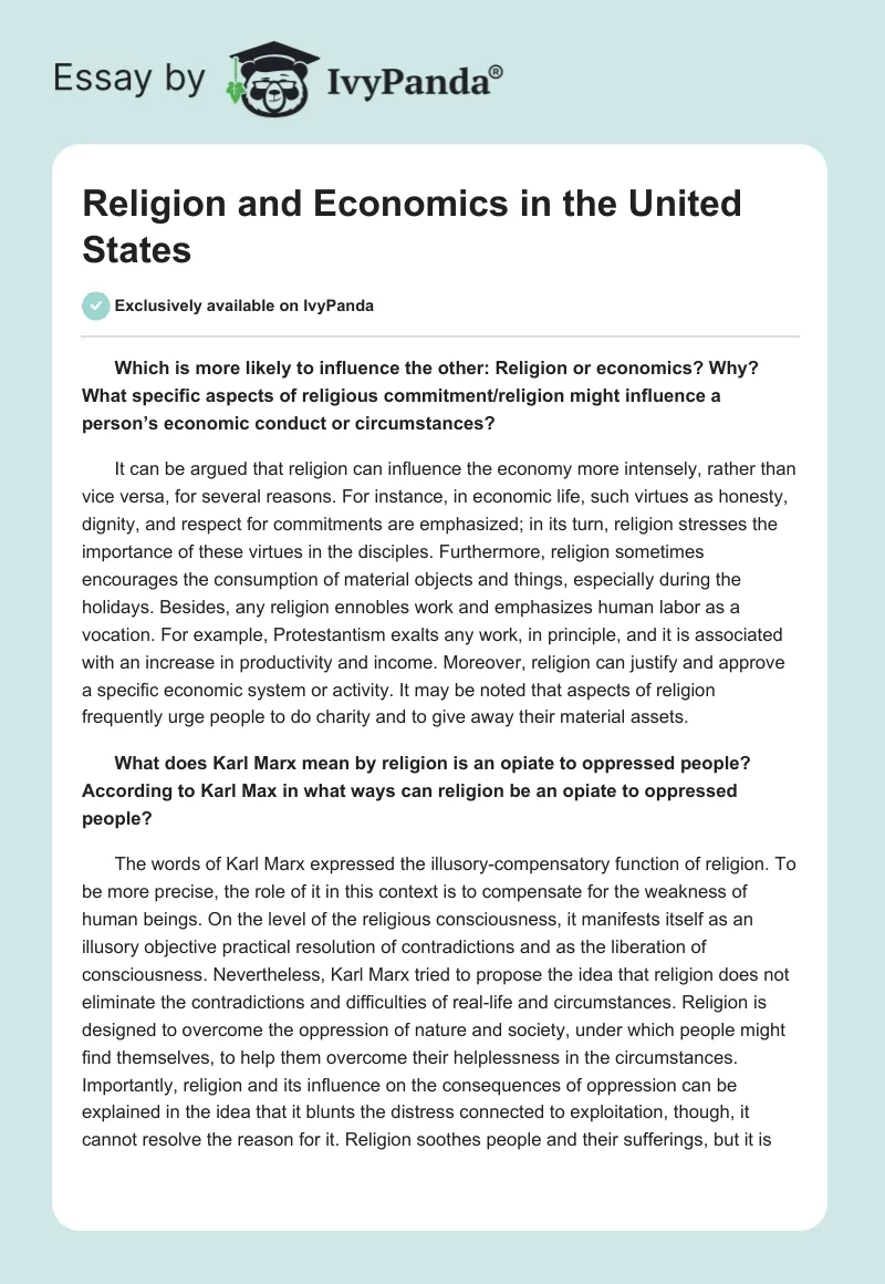 Religion and Economics in the United States. Page 1