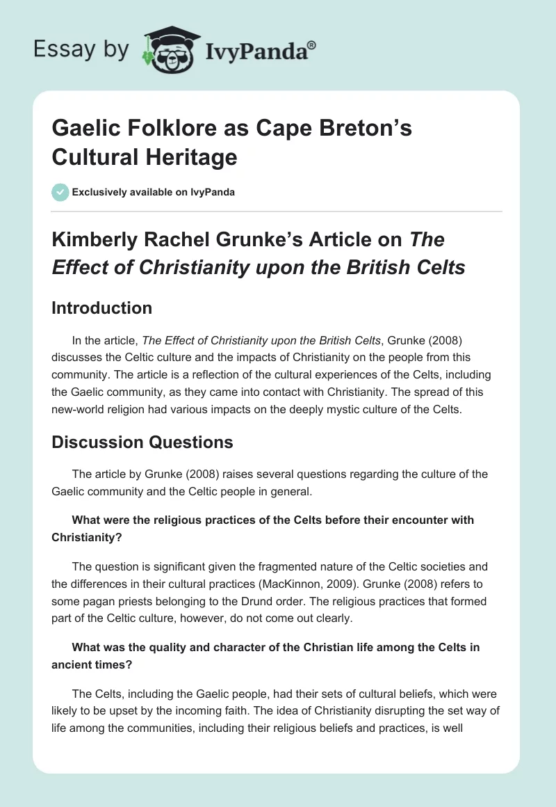 Gaelic Folklore as Cape Breton’s Cultural Heritage. Page 1