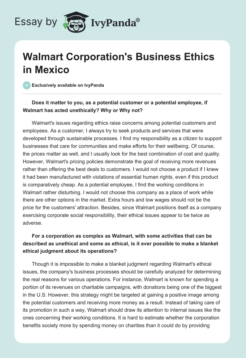Walmart Corporation's Business Ethics in Mexico. Page 1