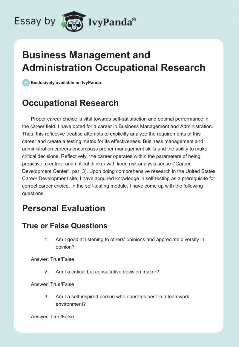 Business Management and Administration Occupational Research. Page 1