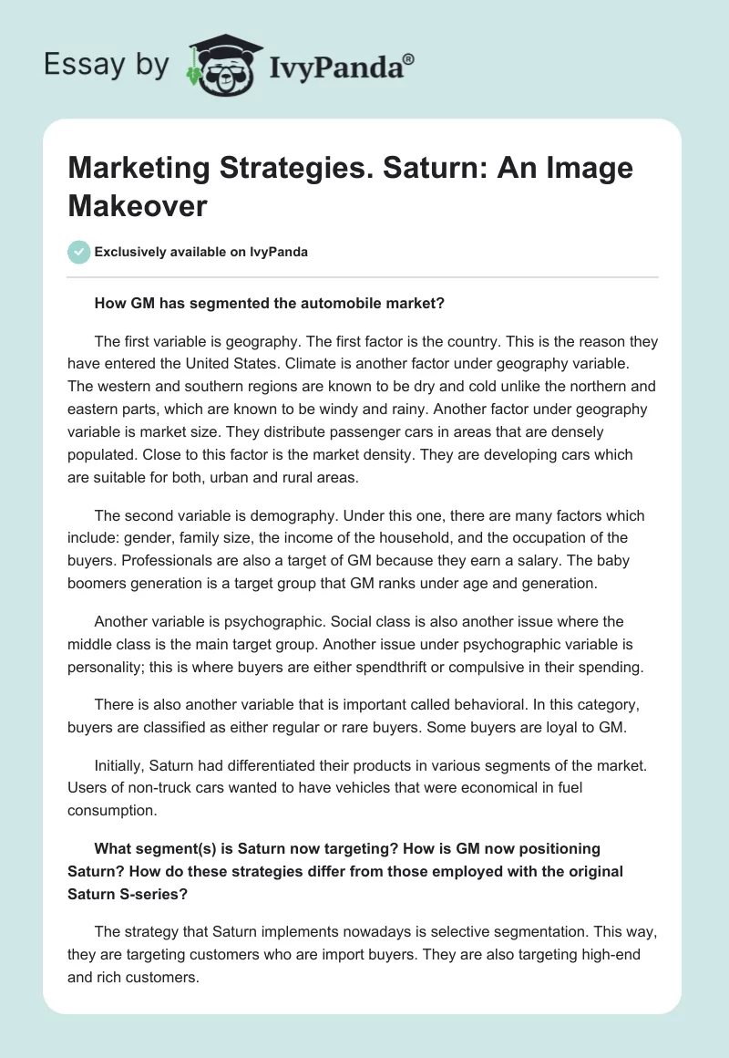 Marketing Strategies. Saturn: An Image Makeover. Page 1