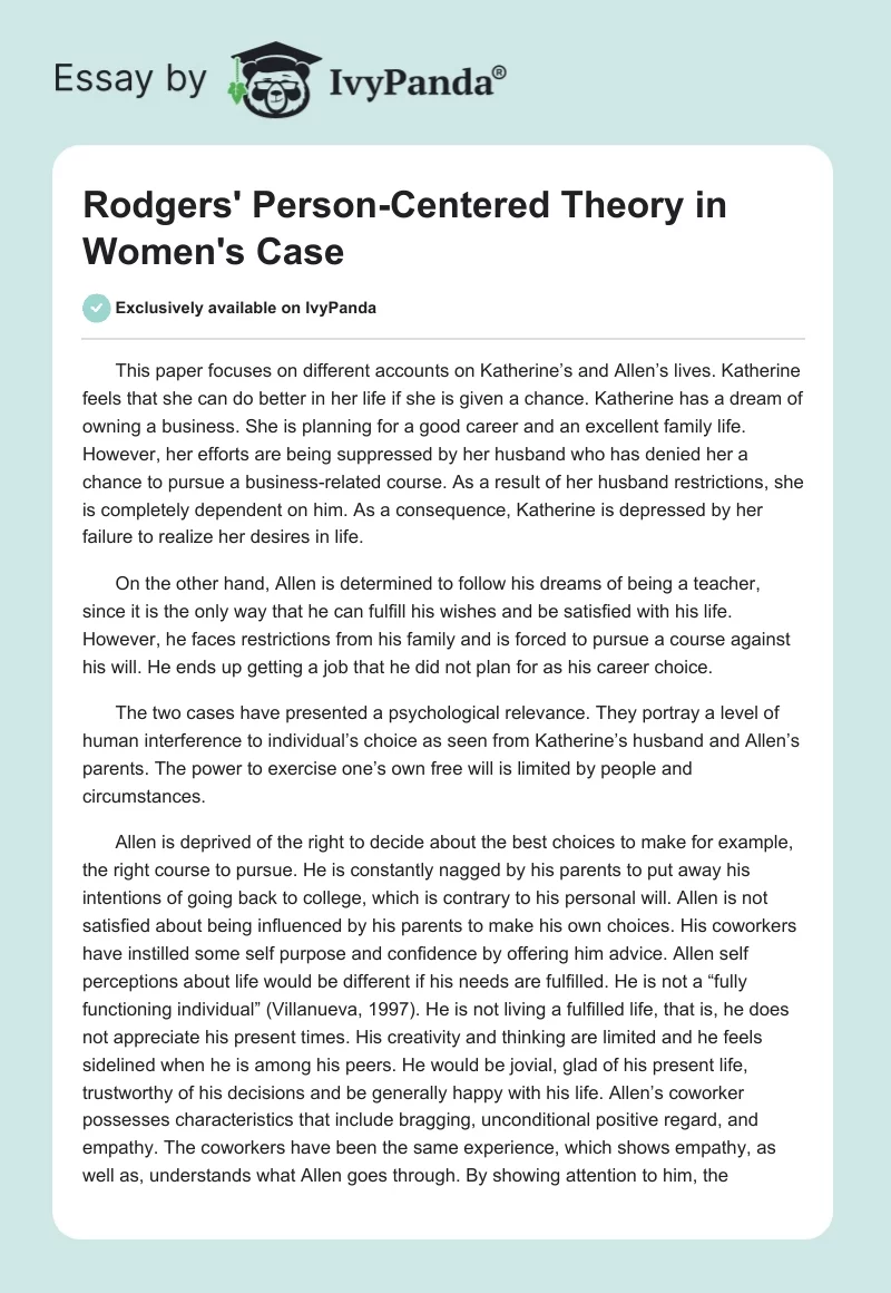Rodgers' Person-Centered Theory in Women's Case. Page 1