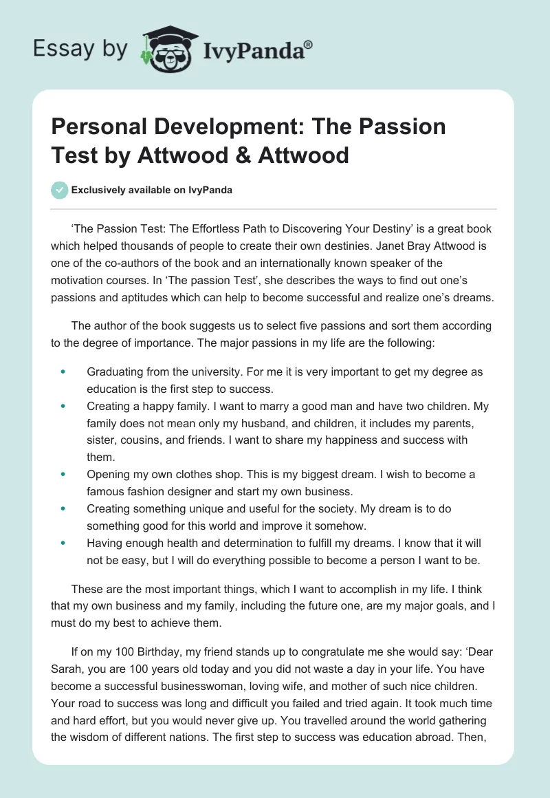 Personal Development: "The Passion Test" by Attwood & Attwood. Page 1