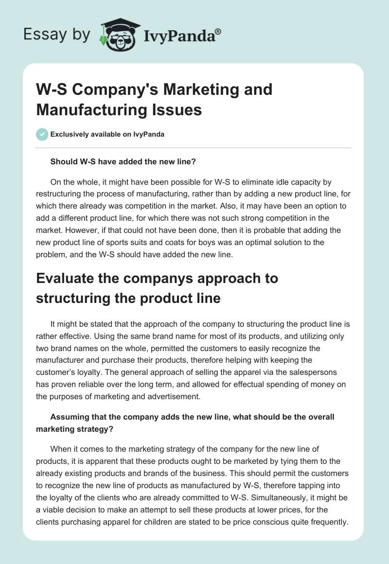 W-S Company's Marketing and Manufacturing Issues. Page 1