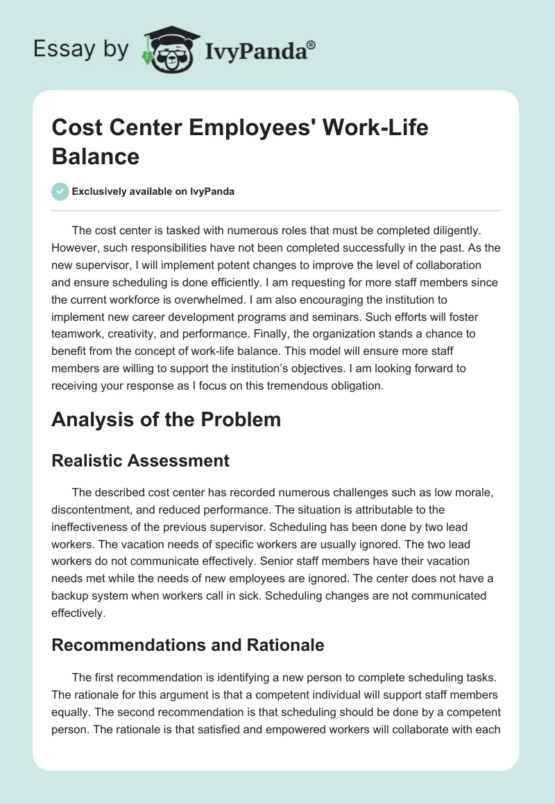 Cost Center Employees' Work-Life Balance. Page 1