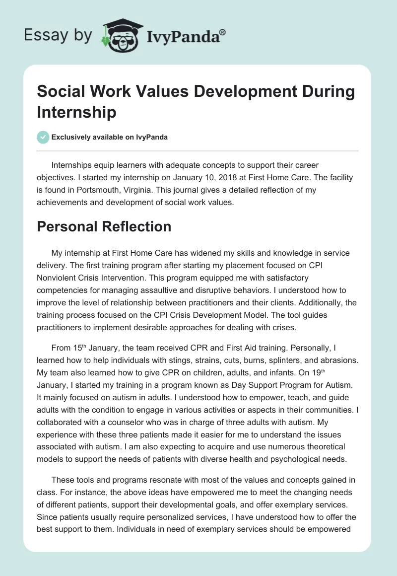 Social Work Values Development During Internship. Page 1