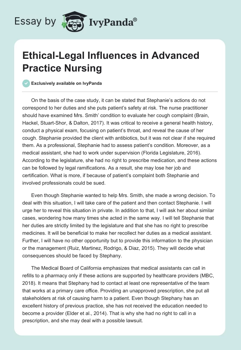 Ethical-Legal Influences in Advanced Practice Nursing. Page 1