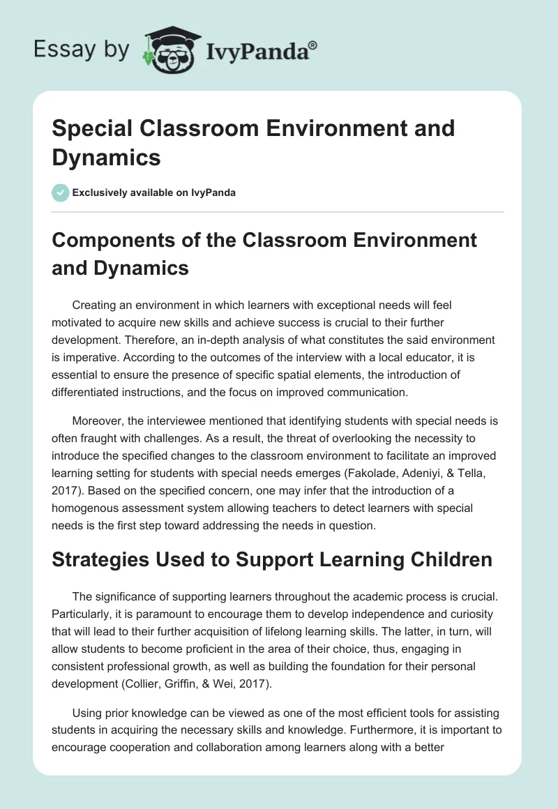 Special Classroom Environment and Dynamics. Page 1