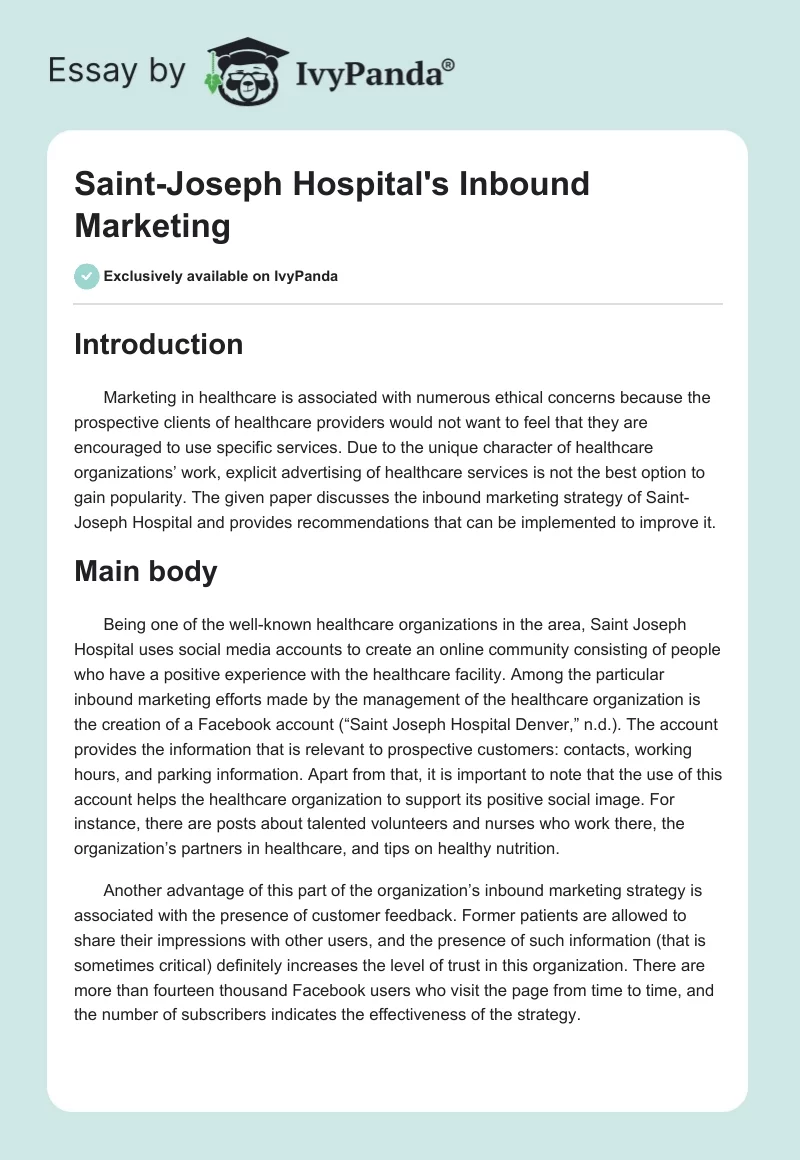 Saint-Joseph Hospital's Inbound Marketing. Page 1