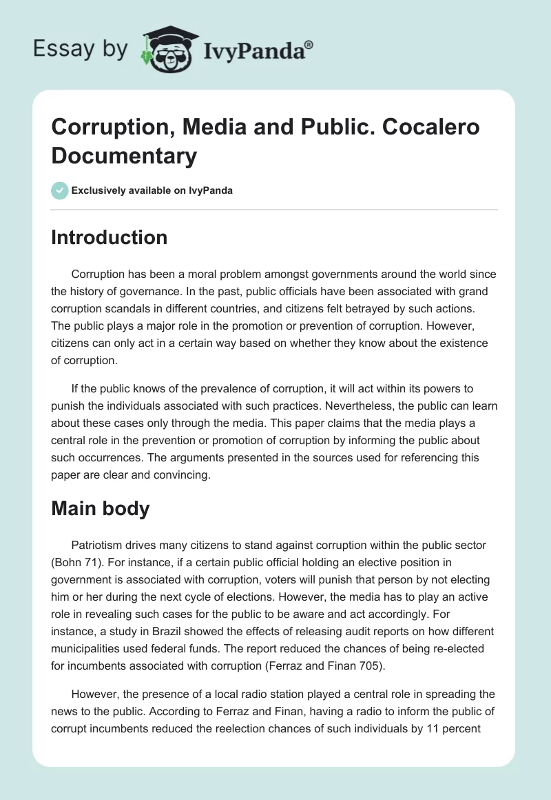 Corruption, Media and Public. Cocalero Documentary. Page 1