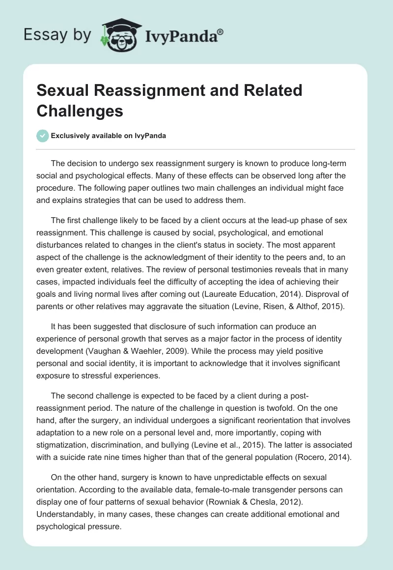Sexual Reassignment and Related Challenges. Page 1