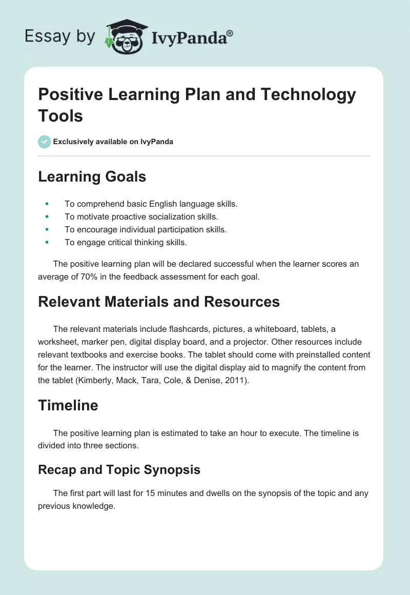 Positive Learning Plan and Technology Tools. Page 1