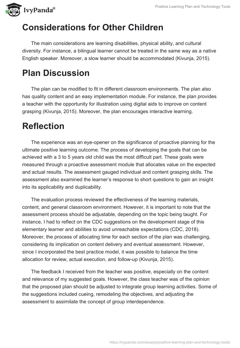 Positive Learning Plan and Technology Tools. Page 3