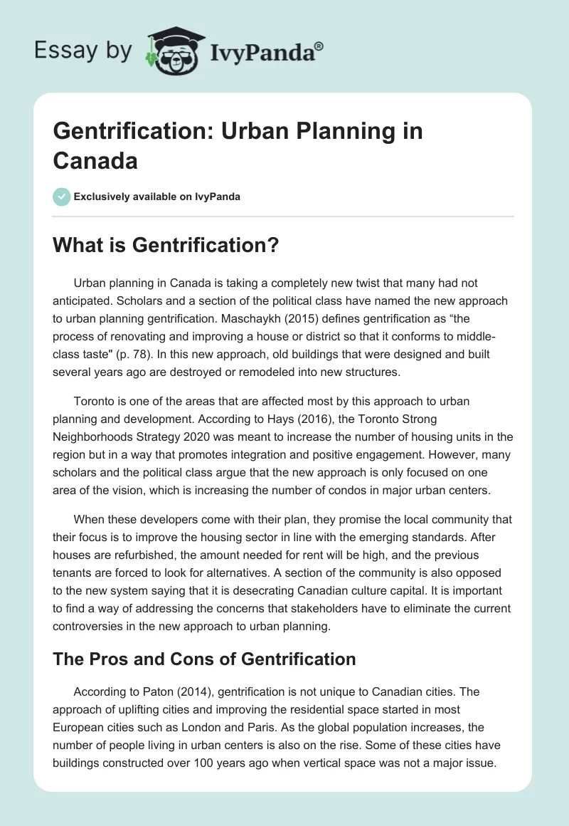 Gentrification: Urban Planning in Canada. Page 1