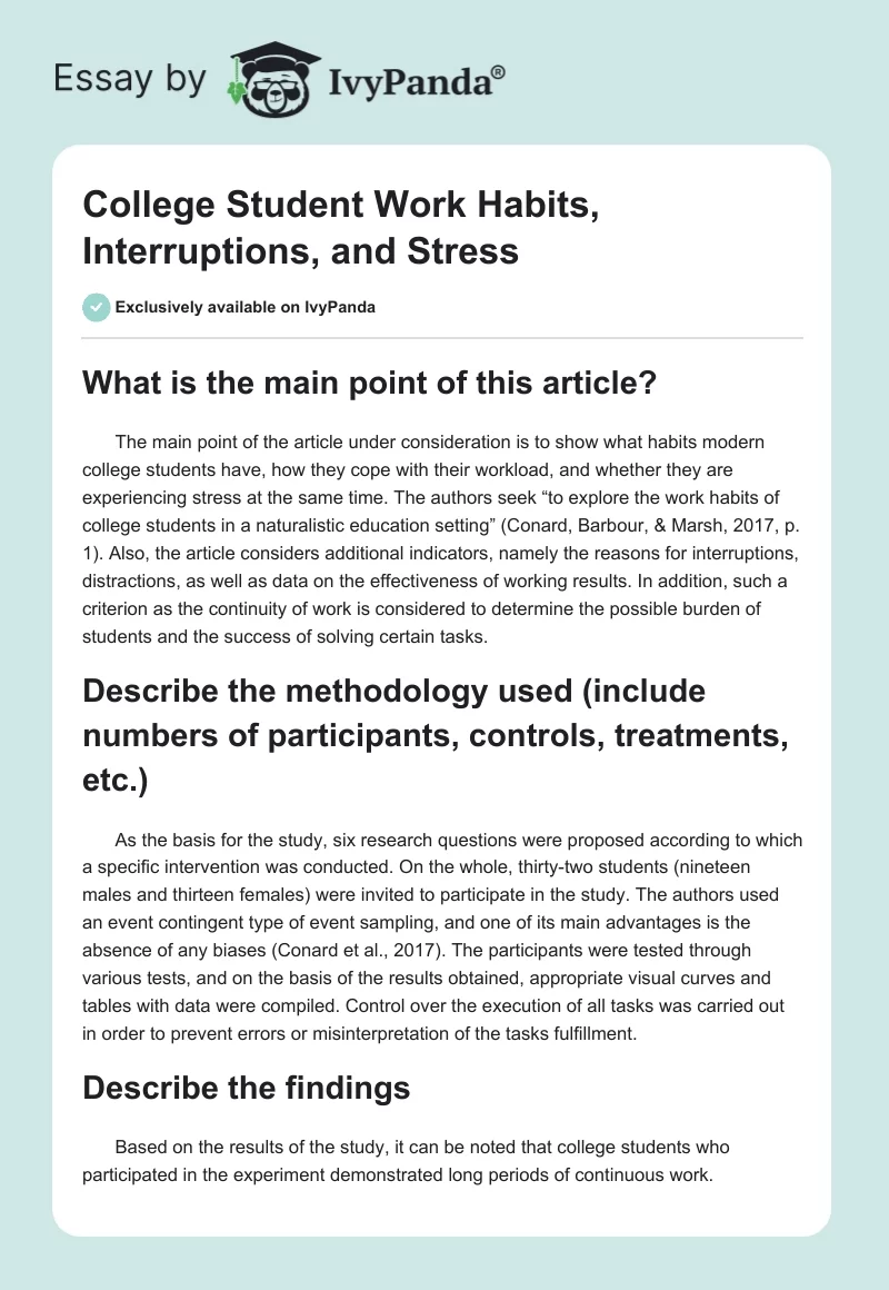 College Student Work Habits, Interruptions, and Stress. Page 1